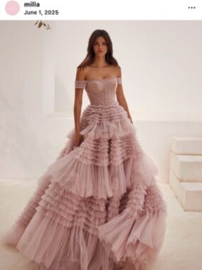 Milla  Misty Rose Off-The-Shoulder Frill-Layered Gown